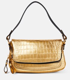 Маленькая сумка через плечо Jennifer из металлизированной кожи с эффектом крокодила Tom Ford, золотой