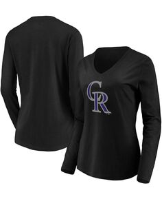 Черная женская футболка с длинным рукавом и v-образным вырезом с официальным логотипом Colorado Rockies Fanatics, черный