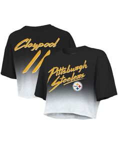 Женские нитки Chase Claypool, черно-белая футболка Pittsburgh Steelers с капельной краской, имя и номер игрока, укороченная футболка Tri-Blend Majestic