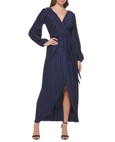 Женское плиссированное тканое платье макси с V-образным вырезом и искусственным запахом GUESS, темно-синий