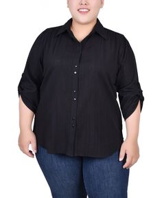 Хлопковая блузка больших размеров с рукавами 3/4 и язычком NY Collection, черный