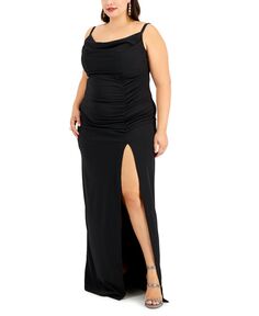 Модное платье макси больших размеров с воротником-хомутом и рюшами по бокам Emerald Sundae, черный