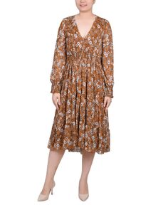 Женское шифоновое платье в горошек с длинными рукавами, присборенной талией и манжетами. NY Collection