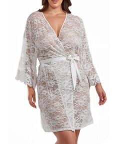 Мягкий прозрачный кружевной халат размера плюс Jasmine с атласным поясом на завязке iCollection, белый