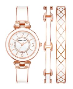 Женский браслет из сплава розового золота с белой эмалью и хрустальными акцентами, модные часы, 33 мм, комплект из 3 предметов Anne Klein
