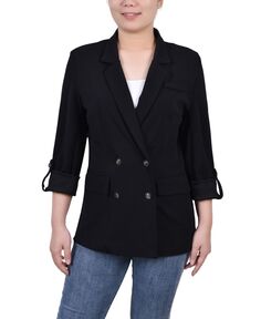 Двубортный креповый пиджак Petite с длинными рукавами NY Collection, черный