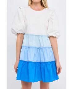 Женское многоярусное мини-платье с цветными блоками и рюшами English Factory, синий