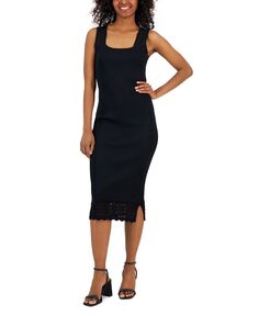 Женское платье миди в рубчик с квадратным вырезом T Tahari, черный