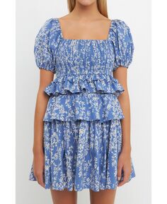 Женское ярусное мини-платье со сборками и цветочным принтом Free the Roses, синий