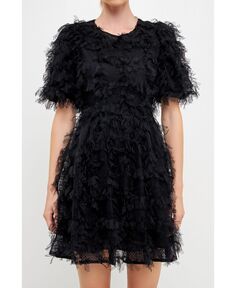 Женское мини-платье из сетки с перьями и пышными рукавами endless rose, черный