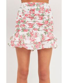 Женская льняная мини-юбка с рюшами и цветочным принтом endless rose