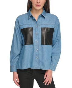 Женская рубашка из искусственной кожи с карманами из шамбре DKNY Jeans