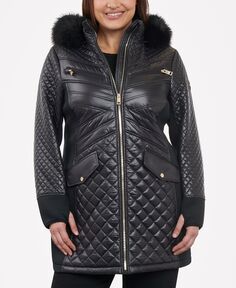 Женское стеганое пальто больших размеров с отделкой из искусственного меха и капюшоном Michael Kors, черный
