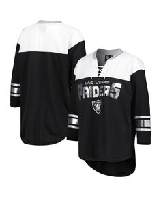 Женская черно-белая футболка Las Vegas Raiders Double Team с рукавами 3/4 на шнуровке G-III 4Her by Carl Banks