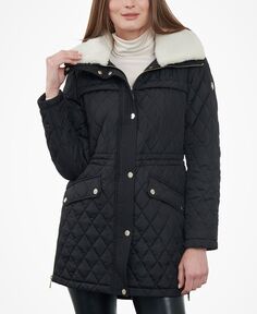 Женское стеганое пальто для миниатюрных размеров с воротником из искусственного меха Michael Kors, черный