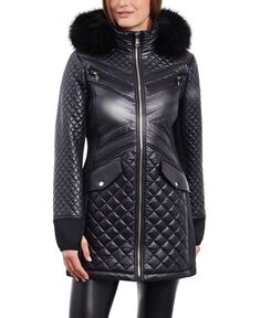 Женское стеганое пальто с капюшоном и отделкой из искусственного меха для миниатюрных размеров Michael Kors, черный