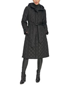 Стеганое пальто с капюшоном и поясом Petite DKNY, черный