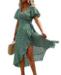 Женское пляжное платье в стиле Ditsy с расклешенными рукавами и V-образным вырезом CUPSHE, зеленый