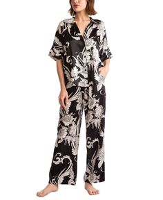 Женские 2 шт. Атласный пижамный комплект Femi с принтом Linea Donatella, черный