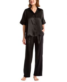 Женские 2 шт. Атласный пижамный комплект на пуговицах спереди Linea Donatella, черный