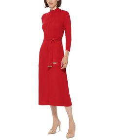 Женское платье миди с воротником-стойкой, рукавом 3/4 и поясом Calvin Klein, красный