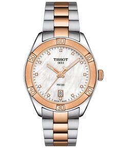 Женские швейцарские часы PR 100 Sport Chic T-Classic с двухцветным браслетом из нержавеющей стали с бриллиантами, 36 мм Tissot