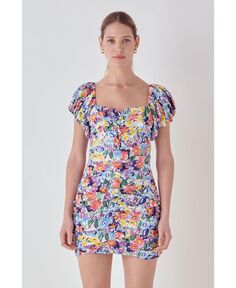 Женское мини-платье с открытыми плечами и рюшами с цветочным принтом endless rose