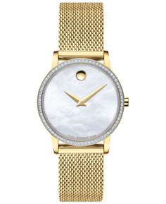 Женские часы Swiss Museum Classic с бриллиантами (1/4 карата t.w.), золотистым браслетом из нержавеющей стали с PVD-покрытием, 28 мм Movado