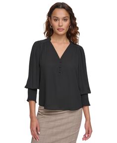 Женская блузка с V-образным вырезом и присборенными манжетами Calvin Klein, черный