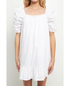 Женское мини-платье с присборенными рукавами и пышными рукавами English Factory, белый