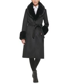 Женское пальто с воротником из искусственного меха с поясом KARL LAGERFELD PARIS, черный