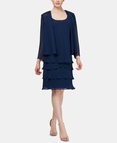 Украшенное платье и куртка с многоярусным подолом SL Fashions, темно-синий