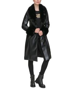 Женское пальто из искусственной кожи с отделкой из искусственного меха KARL LAGERFELD PARIS, черный