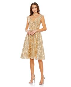 Женское платье с V-образным вырезом и короткими рукавами, расшитое пайетками MAC DUGGAL, золотой