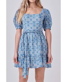 Женское мини-платье с плетеным поясом и принтом тай-дай English Factory, синий