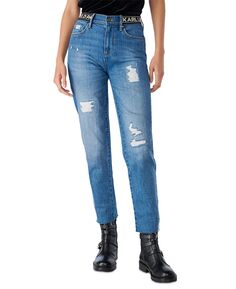 Женские потертые джинсы с логотипом на талии KARL LAGERFELD PARIS