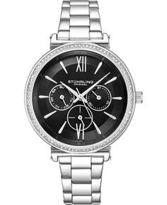 Оригинальные женские многофункциональные часы с серебряным корпусом и браслетом, серебряный циферблат Stuhrling, черный