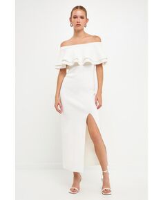 Женское платье макси с открытыми плечами, рюшами и разрезом по ноге endless rose, белый