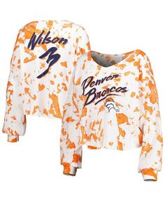 Женские нити Russell Wilson Бело-оранжевая футболка Denver Broncos с открытыми плечами и рисунком тай-дай с именем и номером Укороченная футболка с длинными рукавами и v-образным вырезом Majestic