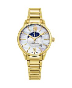 Часы Alexander A204B-05, женские кварцевые часы с датой фазы Луны, корпус из нержавеющей стали цвета желтого золота и браслет из нержавеющей стали цвета желтого золота Stuhrling, золотой