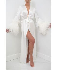 Женский шелковый длинный халат — рукава с двойной отделкой из страусиных перьев — Коллекция Silk Le Laurier Bridal