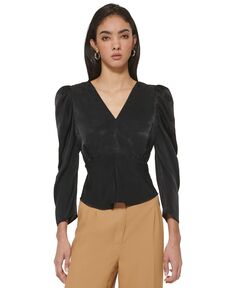 Женская блузка с v-образным вырезом и рукавами-фонариками DKNY, черный