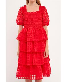 Женское многоярусное платье миди из органзы в клетку English Factory, красный
