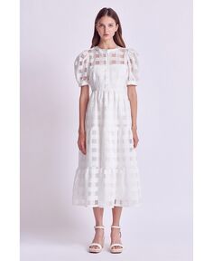 Женское платье миди в клетку с пышными рукавами English Factory, белый