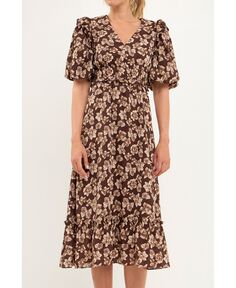 Женское платье макси с жатым цветочным принтом и пышными рукавами English Factory