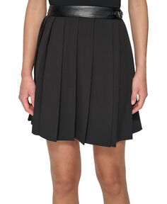 Женская плиссированная мини-юбка с отделкой из искусственной кожи DKNY, черный