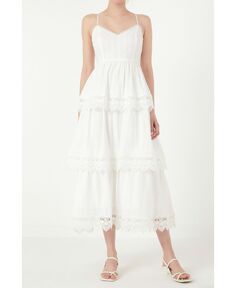Женское платье макси с кружевной многоуровневой отделкой и цветочным принтом Free the Roses, белый