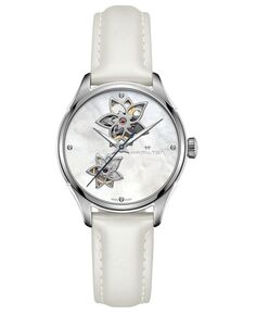 Женские швейцарские автоматические часы Jazzmaster Diamond Accent с белым кожаным ремешком, 34 мм Hamilton, белый