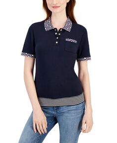 Женская хлопковая рубашка-поло с принтом и полосатым краем Tommy Hilfiger