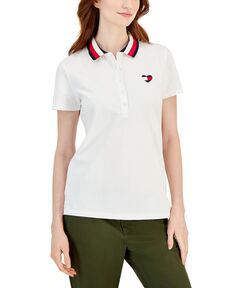 Женская футболка-поло с полосатым воротником и логотипом в форме сердца Tommy Hilfiger, белый